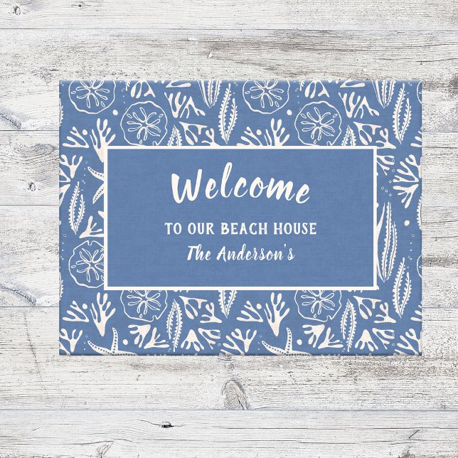 Welcome to our Beach House Navy-Blue Hand-Drawn Doormat (Welcome your friends with the charm of the ocean using this customizable navy-blue coastal Doormat.
)