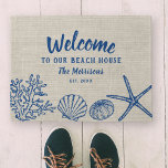 Welcome to Our Beach House Vintage Shells Custom Doormat<br><div class="desc">Greet visitors to your beach house with this super cute door mat featuring vintage shells set against a faux tan linen background.  Add 4 lines of custom text to personalise.  Perfect for a beach house,  vacation rental,  seaside cottage - makes a wonderful housewarming gift too.</div>