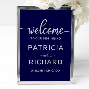 Welcome to our Beginning   Navy Blue Silver Sign