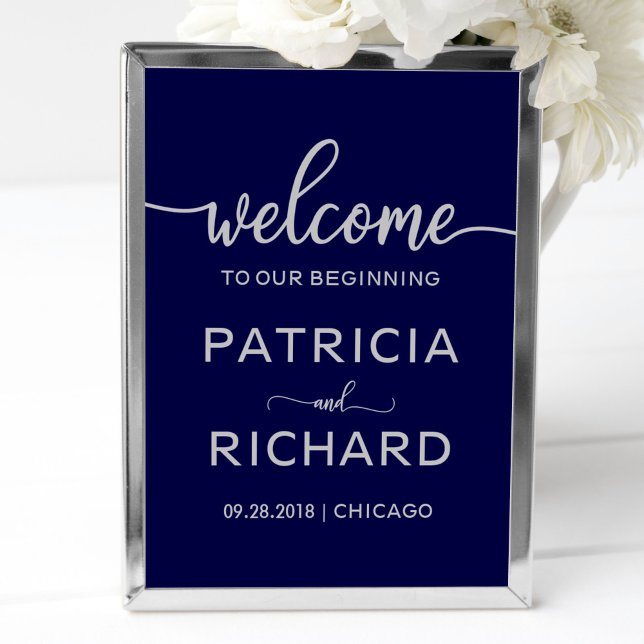 Welcome to our Beginning | Navy Blue Silver Sign (Creator Uploaded)