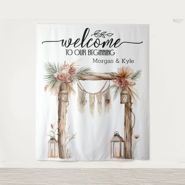 Welcome to Our Beginning – Rustic Wedding Backdrop Tapestry (Front)