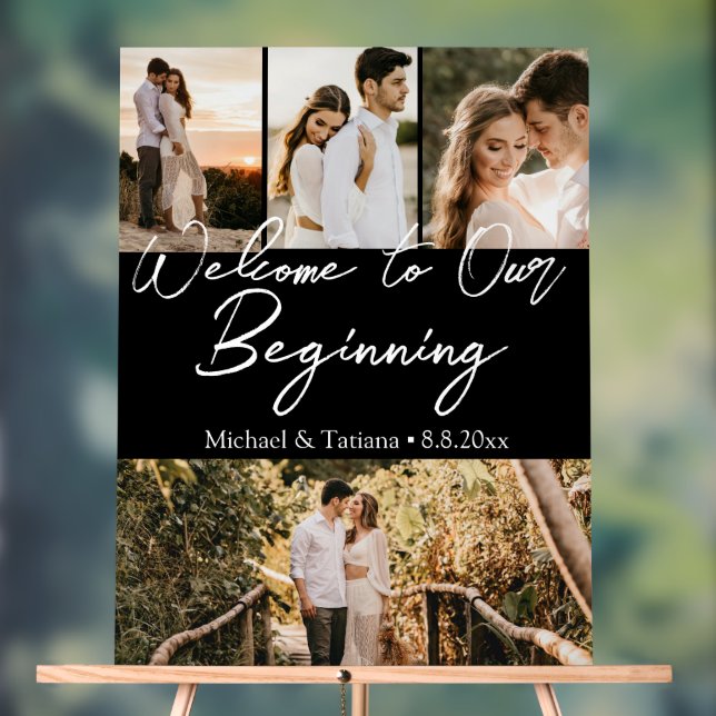 welcome to our beginning wedding 4 photos black acrylic sign (Neutral)