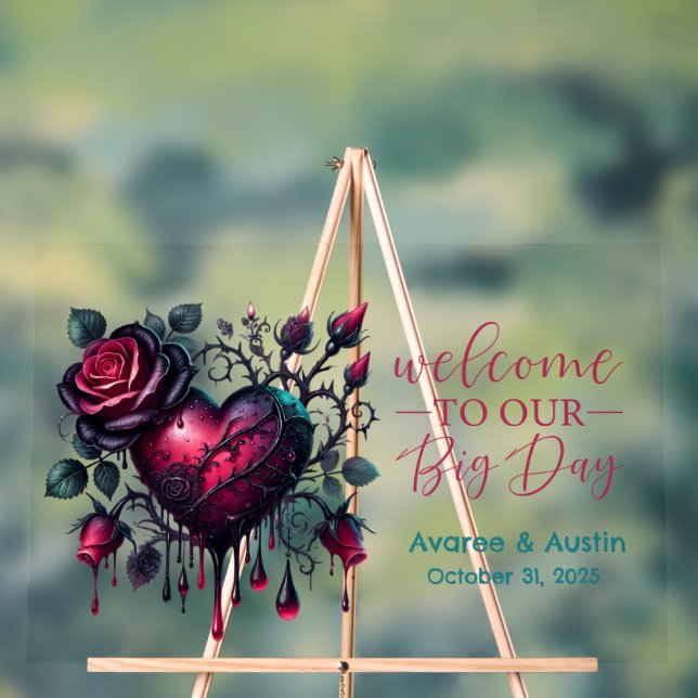 Welcome To Our Big Day Gothic Black Rose and Heart Acrylic Sign (Neutral)