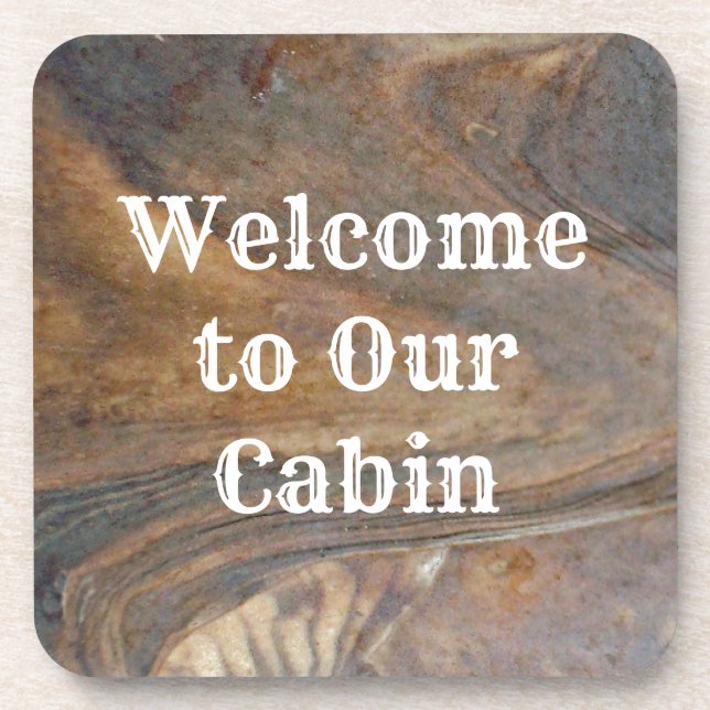 Welcome to Our Cabin Brown Woodgrain Photo Rental Coaster (Front)