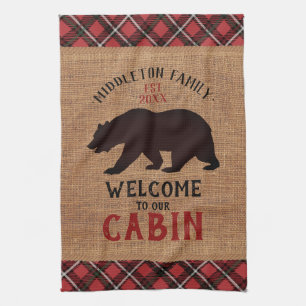 Welcome to our Cabin in a Burlap and Plaid Tea Towel