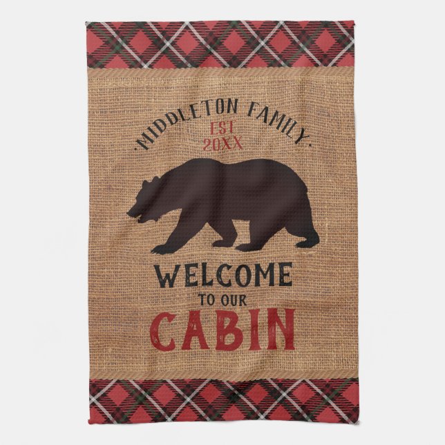 Welcome to our Cabin in a Burlap and Plaid Tea Towel (Vertical)