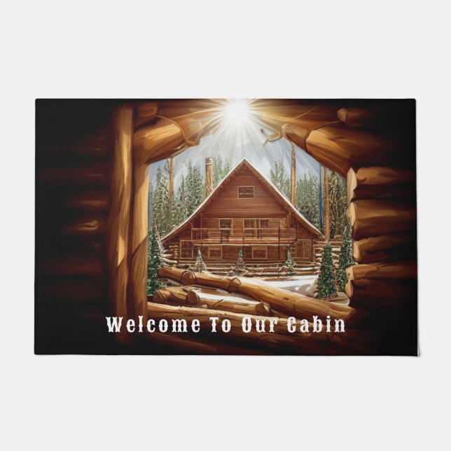 "Welcome to Our Cabin" Log Home in Forest Doormat (Front)