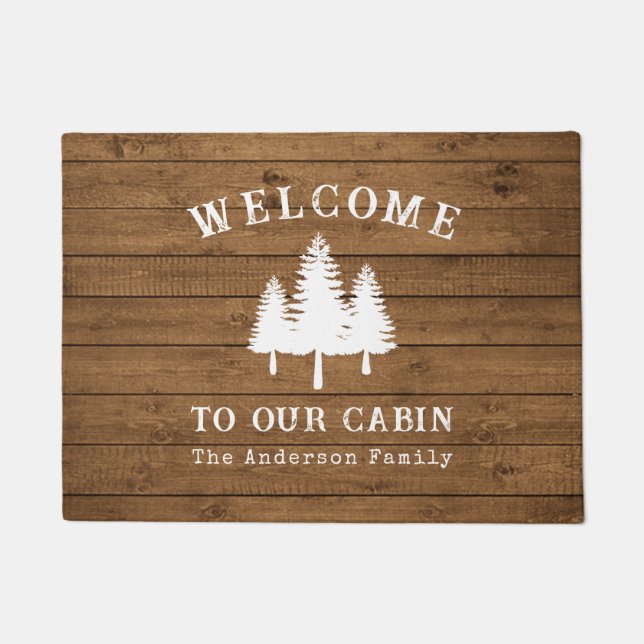 Welcome To Our Cabin Trees Wood Style Print Doormat (Front)