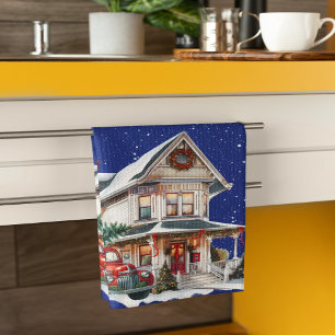 Welcome to our Farmhouse Christmas Red Truck Tea Towel