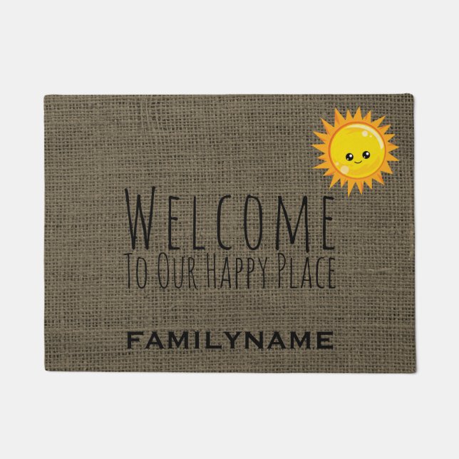 Welcome to Our Happy Place Rustic Burlap Name Doormat (Front)