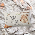 Welcome to Our Hive Personalized Lumbar Cushion<br><div class="desc">Welcome guests with this cute bee themed lumbar throw pillow featuring watercolor illustrations of honeybees,  honeycomb and a hive,  with "welcome to our hive" in ivory lettering. Personalize with your family name along the bottom.</div>