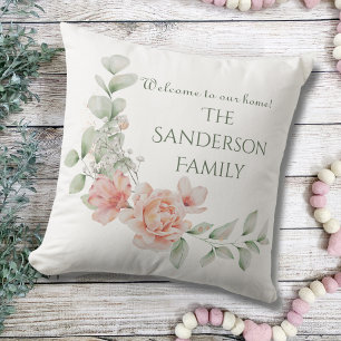 Welcome To Our Home Family Name Floral Watercolor  Cushion