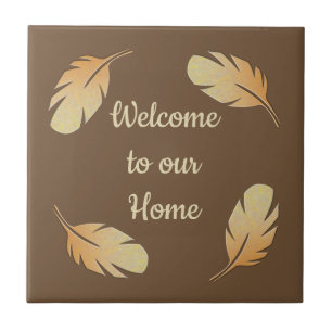 Welcome to Our Home Feather Pattern Autumn Colours Ceramic Tile