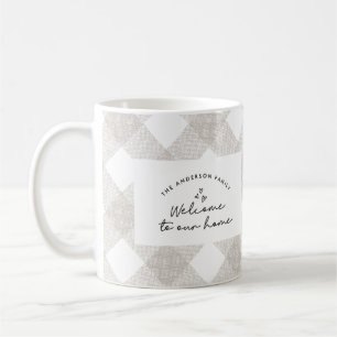 Welcome to our home modern script beige check coffee mug