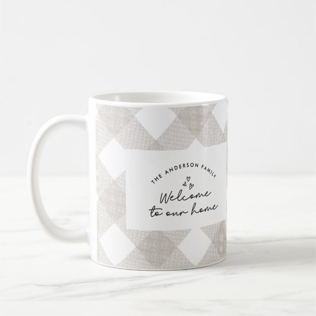Welcome to our home modern script beige check coffee mug (Left)