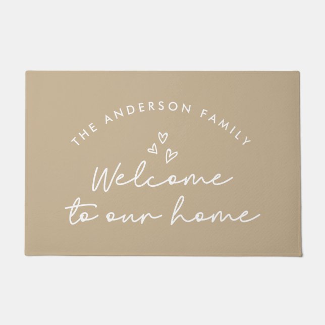 Welcome to our home modern script natural beige doormat (Front)