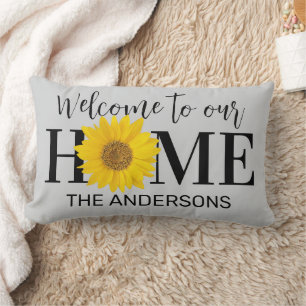 Welcome to Our Home Name Sunflower Gray Lumbar Cushion