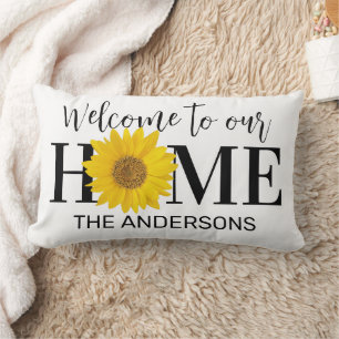 Welcome to Our Home Name Sunflower White Lumbar Cushion