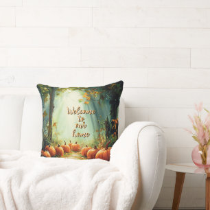 "Welcome to our home" Pretty Pumpkin Autumn Cushion