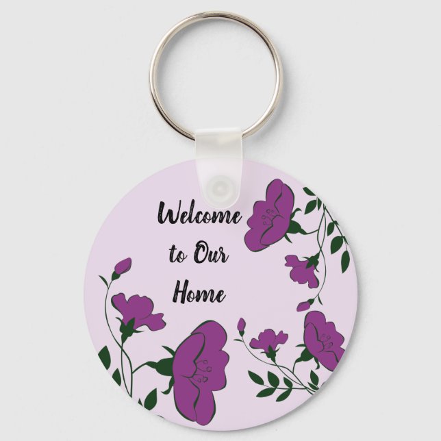 Welcome to Our Home Purple Floral Rental Guest Key Ring (Front)