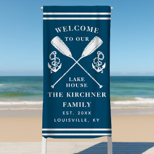 Welcome To Our Lake House Family Monogram Navy Beach Towel