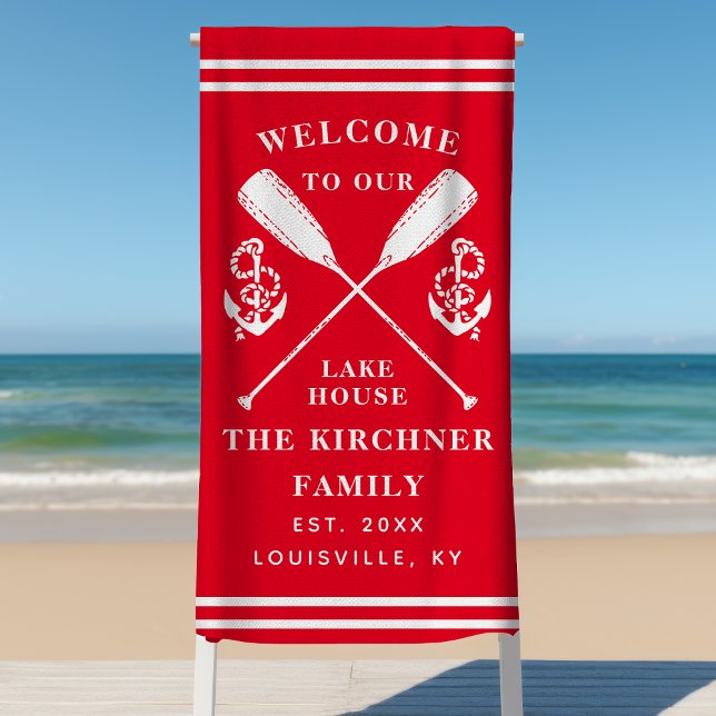 Welcome To Our Lake House Family Monogram Red Beach Towel (Creator Uploaded)