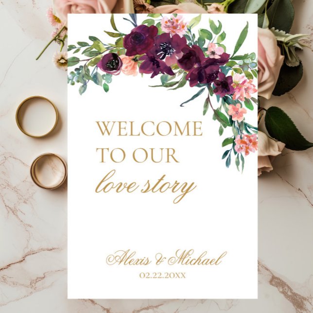 Welcome to Our Love Story Floral Wedding Sign (Welcome to Our Love Story Wedding Sign, Burgundy Blush Pink Floral,  Wedding Ceremony, Reception )