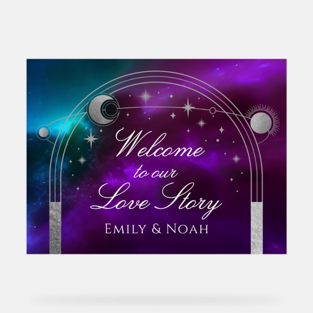 Welcome To Our Love Story Purple Teal Celestial Acrylic Sign (Front)