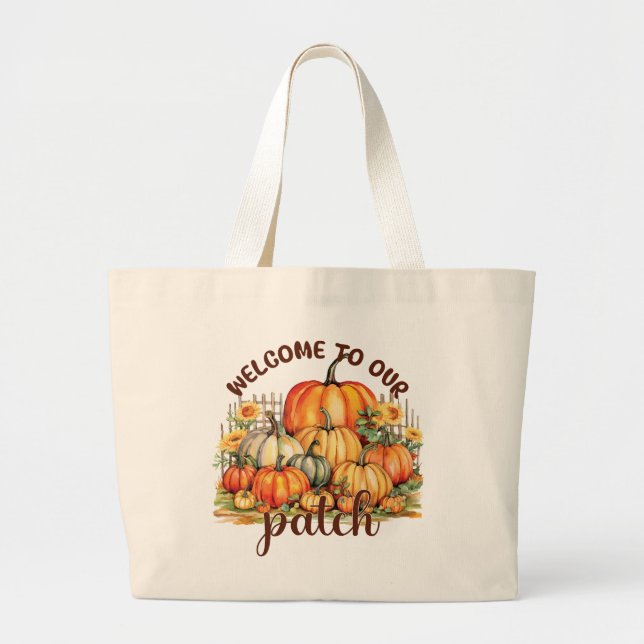Welcome to Our Patch – Cosy Pumpkin Patch Large Tote Bag (Front)