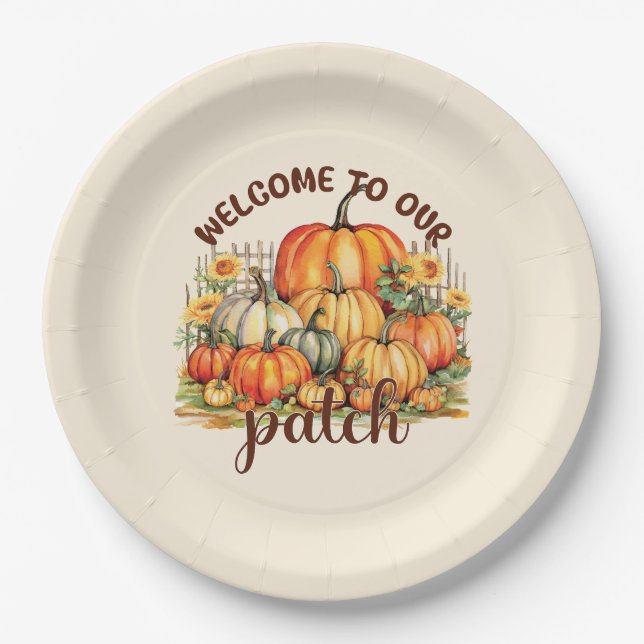 Welcome to Our Patch – Cosy Pumpkin Patch Paper Plate (Front)