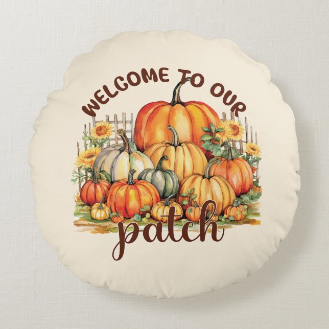 Welcome to Our Patch – Cosy Pumpkin Patch Round Cushion (Front)