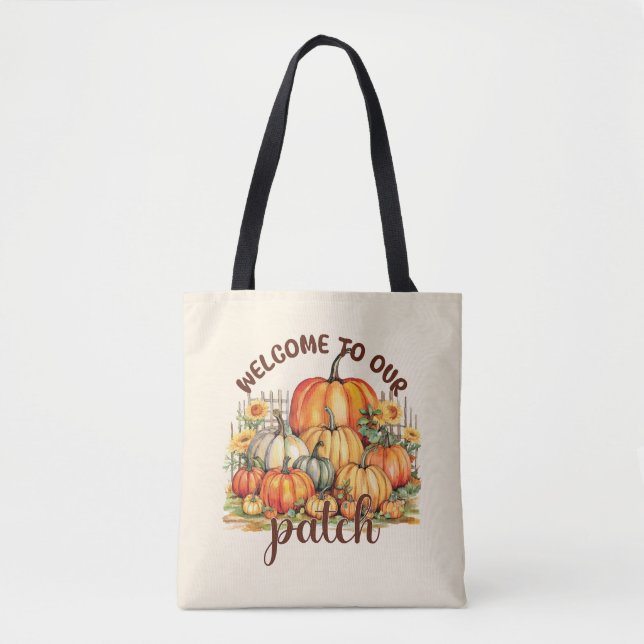 Welcome to Our Patch – Cosy Pumpkin Patch Tote Bag (Front)