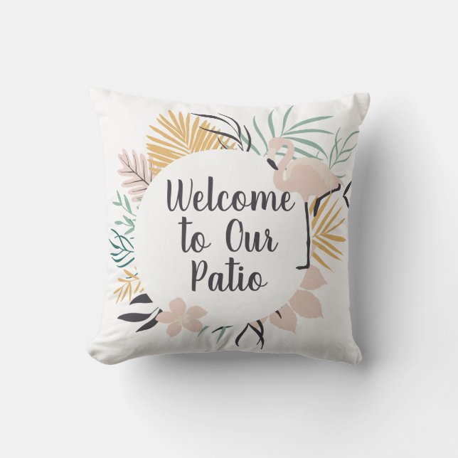 Welcome to Our Patio Pink Flamingo Cushion (Front)