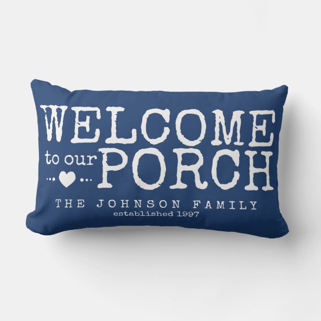 Welcome to our Porch Custom Family | Blue & White Lumbar Cushion (Front)