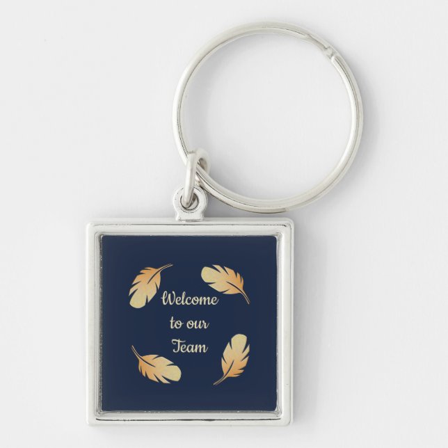 Welcome to Our Team Navy Feather Circle Nature Key Ring (Front)