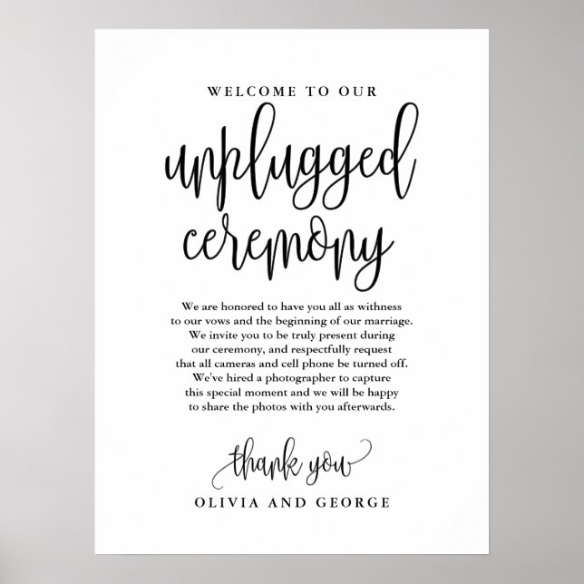 Welcome to our unplugged ceremony sign (Front)