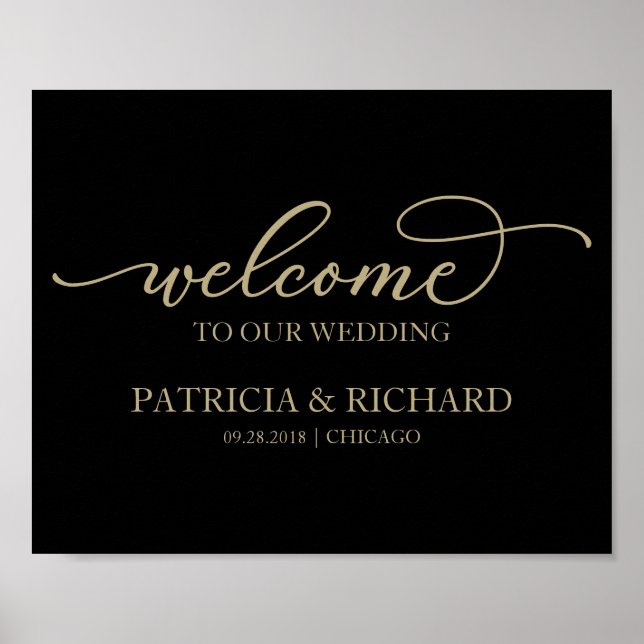 Welcome To Our Wedding Chic Gold Script Black Sign (Front)