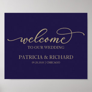 Welcome To Our Wedding Chic Gold Script Navy Blue Poster