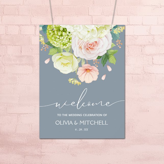 Welcome to Our Wedding Dusty Blue Poster (Flowers on Dusty Blue Wedding Welcome Poster - INSTANT DOWNLOAD or PRINTED (framed, too))
