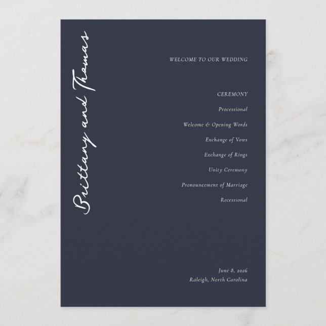 WELCOME TO OUR WEDDING Elegant Navy Blue Serif Program (Front)