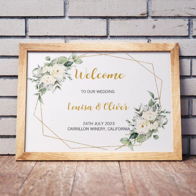 Welcome to our wedding, floral & gold geo shape poster (Creator Uploaded)