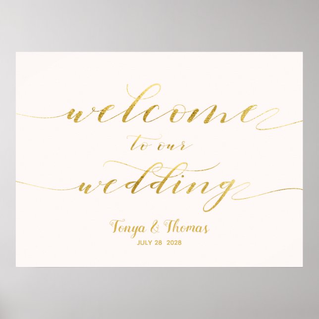 Welcome To Our Wedding Gold Swash Calligraphy Sign (Front)