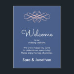 Welcome to Our Wedding Pink and Dark Blue Postcard<br><div class="desc">This wedding welcome card features an elegant rose quartz flourish on a denim blue background. Background colour can be changed to any available colour. Custom text allows you to add a welcome message and the names of the bride and groom.</div>