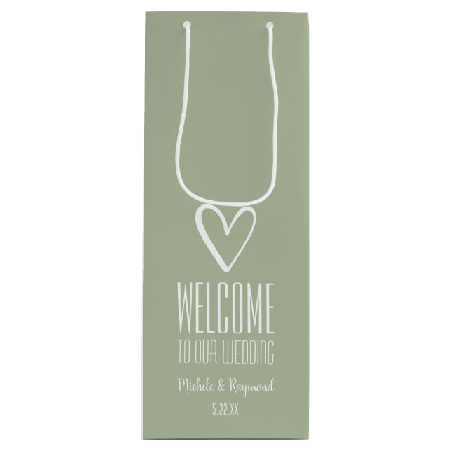 Welcome to Our Wedding Sage Green Wine Gift Bag (Front)