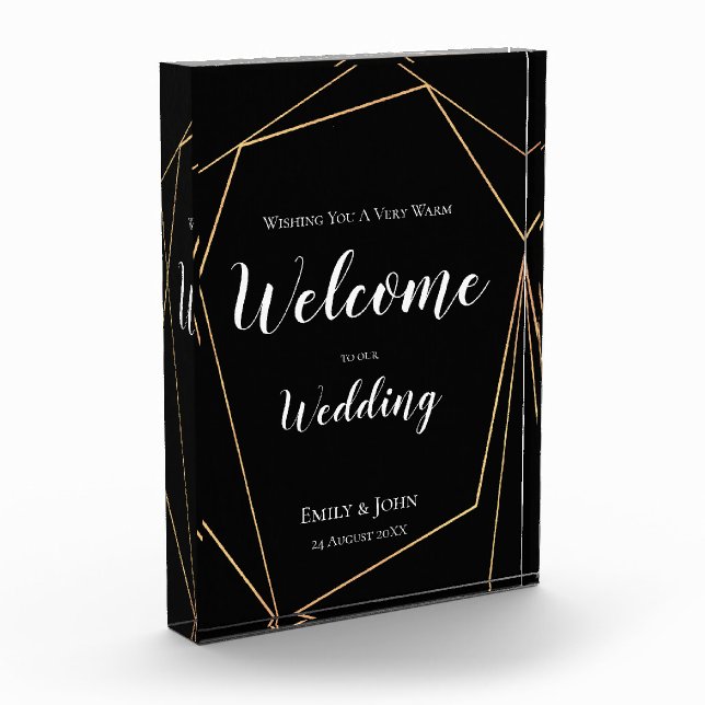 Welcome to our Wedding Text/Gold Geometric Black Photo Block (Left)