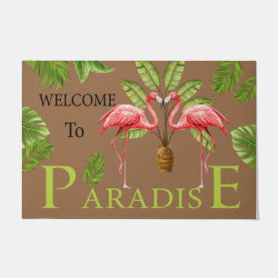Welcome To Paradise Doormat, Pink Flamingo Couple Doormat