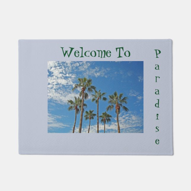 Welcome to Paradise Greeting Palm Trees Blue Sky Doormat (Front)