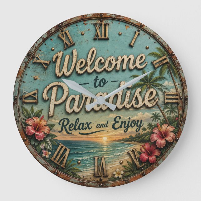 Welcome to Paradise Tropical Beach Large Clock (Front)