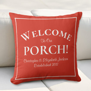 Welcome to Porch Custom Family Names Modern Red Cushion