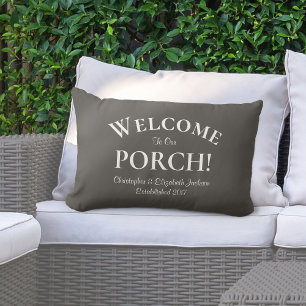 Welcome to Porch Custom Family Names Trendy Brown Lumbar Cushion